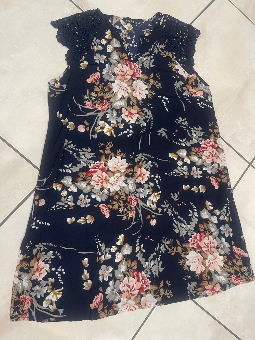 SHEIN Black Floral V-Neck Dress with Crochet Shoulders